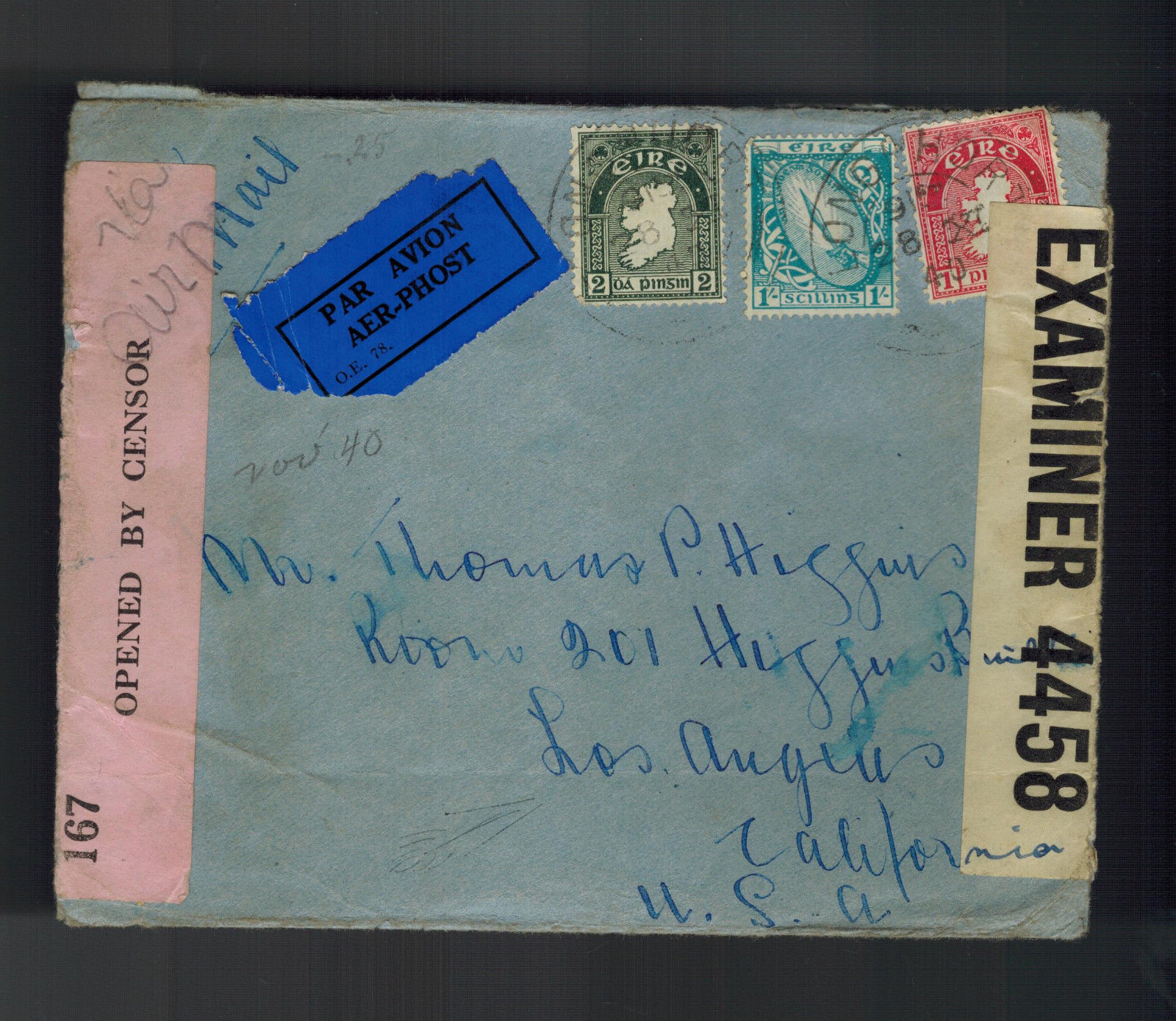 1940 Ireland Dual Censored Cover to Los Angeles CA USA Europe