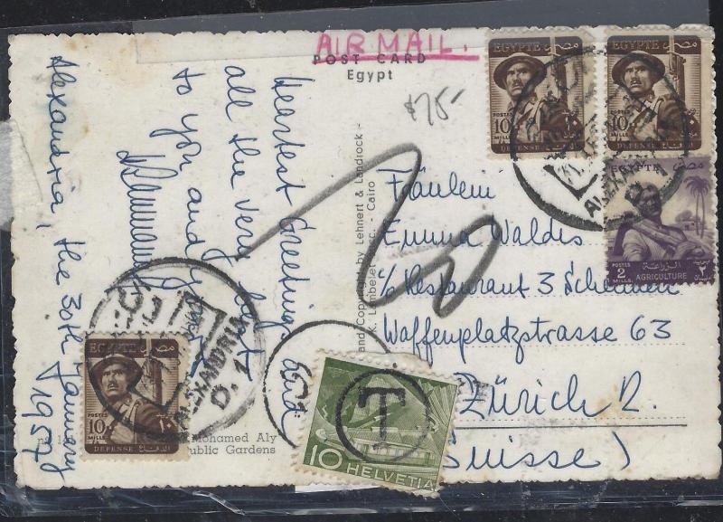 SWITZERLAND (P1202B) 1957 ON PPC INCOMING FROM EGYPT