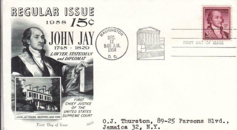 1958, 15c John Jay, Fleetwood, FDC (D15122)