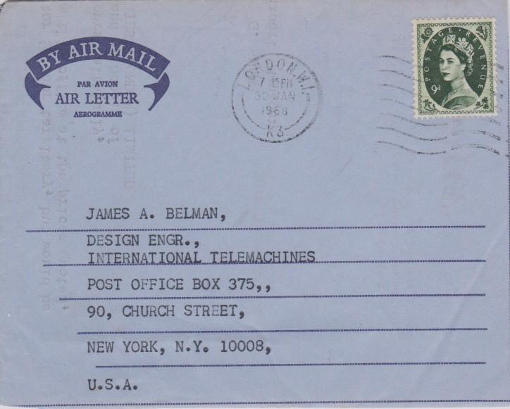 Great Britain 9d QEII Wilding 1968 London. W.I., K3 Air Letter Airmail to New...