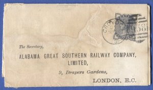 GB 1884 Sc 98  1/2d cover, CROYDON to ALABAMA RAILWAY CO. USA + Revenue inside