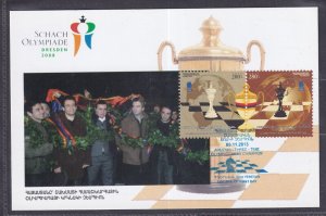 2013 ARMENIA - 3 x OLYMPIC CHESS CHAMPIONS SET ON POSTCARD WITH SPECIAL CANCEL 