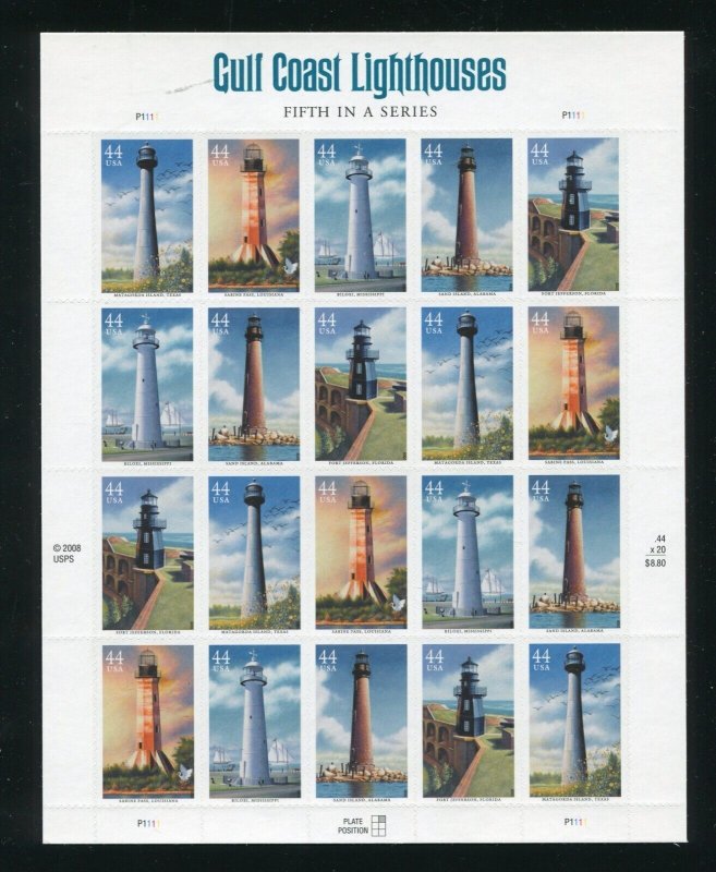 4409 - 4413 Gulf Coast Lighthouses Sheet of 20 41¢ Stamps MNH