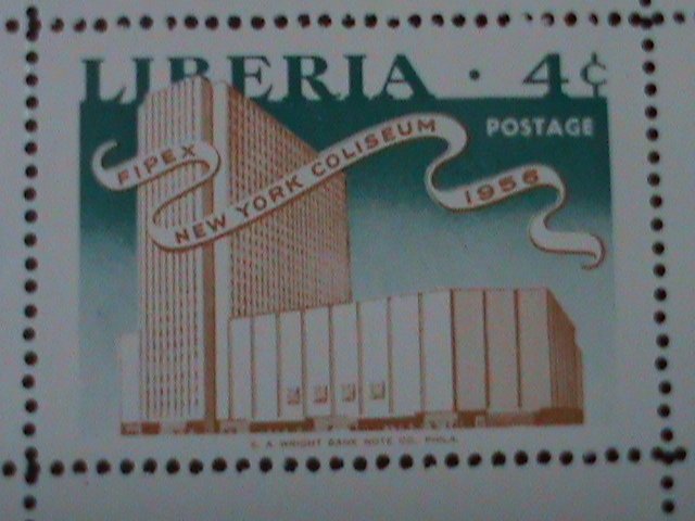 ​LIBERIA-1956-SC#356 COLISEUM-NEW YORK CITY MNH IMPRINT BLOCK VF-68 YEARS OLD