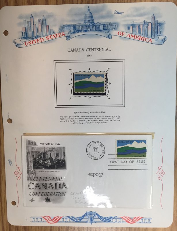 #1324 Canada Centennial FDC and MNH Single in mount on souvenir page