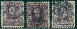 SCOTT # 302, USED, VERY GOOD-FINE(2), AND FINE SE(1), 3 STAMPS, GREAT PRICE!