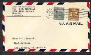 USA #684 & 809 PREXY STAMP COLORADO TO CALIFORNIA AIRMAIL COVER 1938