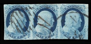 MOMEN: US STAMPS #9 STRIP OF 3 POS. 1-3L1L IMPERF USED LOT #89924*