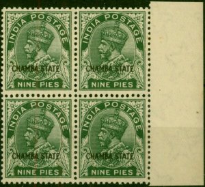 Chamba 1932 9p Deep Green Litho SG64 Fine MNH Block of 4