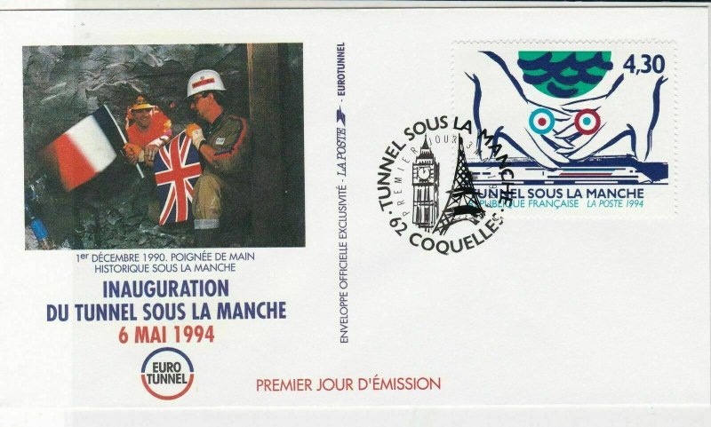 France 1994 Inaug Channel Tunnel Pic Slogan Cancels + Stamp FDC Cover Ref 31719