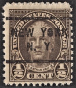 US 653 MNH F 1//2 Cent Nathan Hale Pre-Cancelled New York