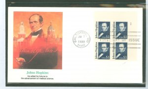 US 2194 1989 $1 Johns Hopkins (Great American series) plate block of four on an unaddressed first day cover with a Fleetwood cac