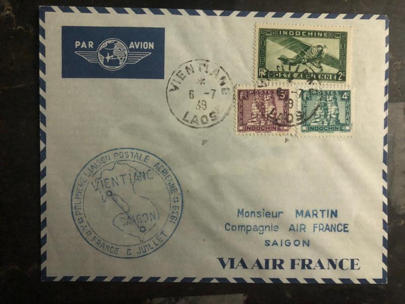 1939 Vientiane Laos First Flight Cover Saigon Vietnam Air France 150 Flown FFC