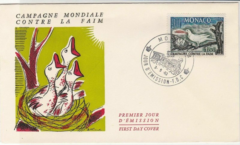 Monaco 1963 Global Campaign against Hunger Baby Birds FDC Stamps Cover Ref 23841 