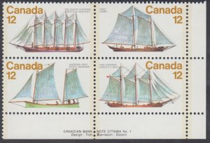 Canada - #747a Sailing Vessels Plate Block - MNH