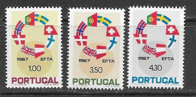 Portugal 1011-3 MNH Flags/EFTA cpl. set X 11 sets , vf. 2022 CV $ 47.50