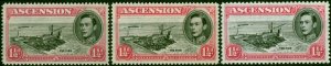 Ascension 1949-53 1 1/2d Black & Rose-Carmine SG40d, 40e + 40f All Perfs & Sh...