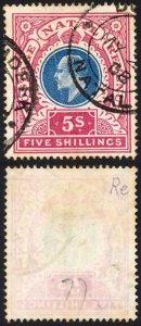 Natal SG140 5/- Postage Revenue Cat 15 pounds 2 May 1908  Pmk