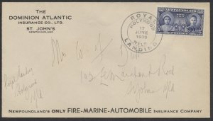 1939 Newfoundland #249 Royal Visit FDC Dominion Atlantic Advertising Cover