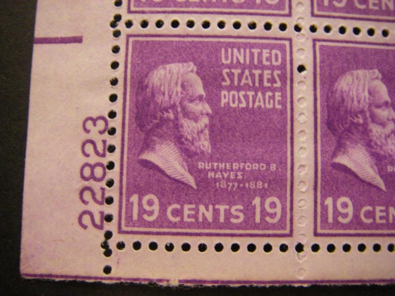 Scott 824, 19c Rutherford Hayes, PB4 #22823 x 4, Matched Set, MNH Prexie Beauty