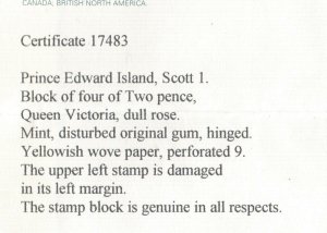 Prince Edward Island #1 Mint Block Full Original Gum Hinged **With Certificate**