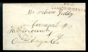 ?1866 Kemptville, U.C. PAID 10 CENTS- to NY, USA, stampless cover Canada