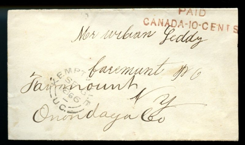 ?1866 Kemptville, U.C. PAID 10 CENTS- to NY, USA, stampless cover Canada
