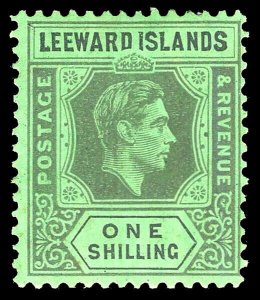 Leeward Is. 1942 KGVI 1s black/emerald showing the DI FLAW var MLH. SG 110a.