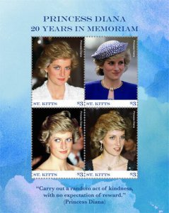 St. Kitts 2017 - Princess Diana 20 Years in Memoriam - Sheet of 4 Stamps - MNH