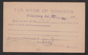 1905 Wallaceburg, KNT. 1c Edward VIl postal stationery.  The Bank of Toronto