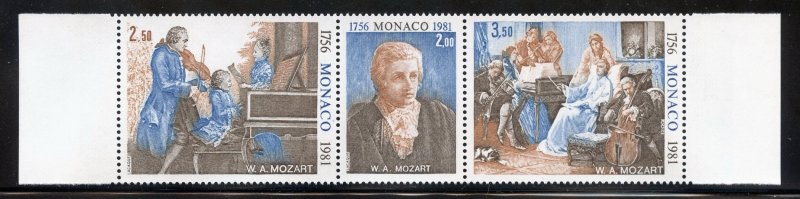 Monaco 1277a MNH,  Portraits of Mozart Strip of 3  from 1981.