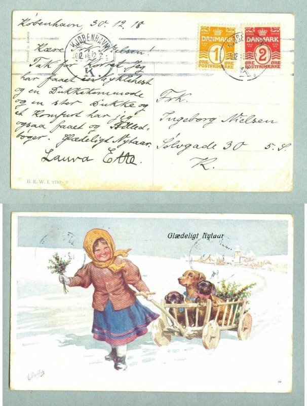 Denmark. Postcard. New Year 1918. Girl, 3 Dogs. Stamp 1+2 Ore. Copenhagen