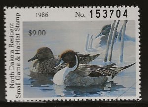 NorthDakota ND5  1986  $9.00  State duck stamp vf  mint nh