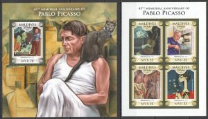 HM0577 2018 MALDIVES PABLO PICASSO IN HIS YOUTH & CAT ART #7678-1+BL1201 MNH