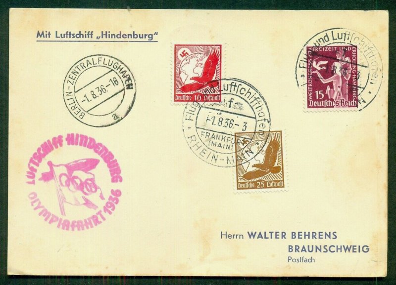 GERMANY, 1936, Hindenburg Olympic Zepp Flight card w/bold cachet, multi franked
