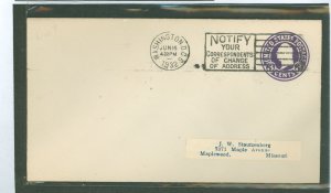 US U436f 1932 3c washington pre-stamped envelope, die 9, addressed, uncacheted FDC