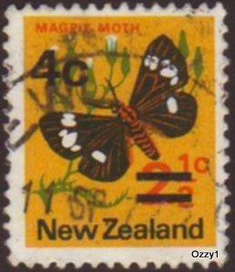 New Zealand 1971 Sc#480, SG#957 4c on 2-1/2c Yellow Magpie Moth Surcharge USED.