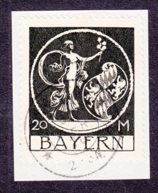 Bavaria Sc 254 used 1920 20m black Genius by von Kaulbach on Small Piece, VF