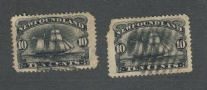 2x Newfoundland Ship stamps #59-10c Schooner Used Faulty Guide Value = $80.00