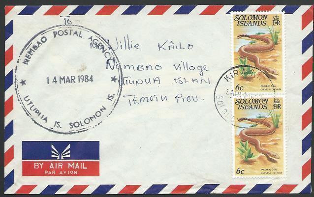 SOLOMON IS 1984 cover NEMBAO POSTAL AGENCY cds., local 12c rate............12746