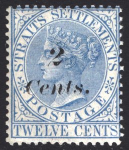 Malaya Straits Settlements 1883 2c on 12c Blue Scott 62 SG 62 MLH Cat $425