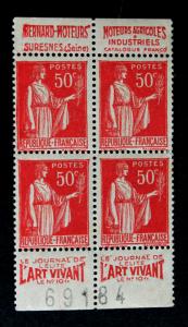 France #267 MNH Block of 4 with Advertising at Top and Bottom Margins