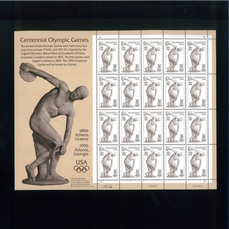 United States 32¢ Olympic Games Discobolus Postage Stamp #3087 MNH Full Sheet