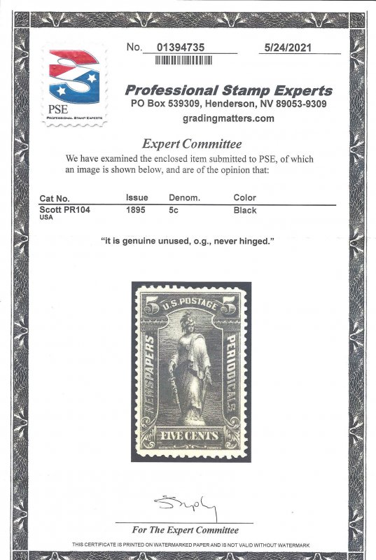 PR104 Mint,OG,NH... PSE Certificate... SCV $650.00