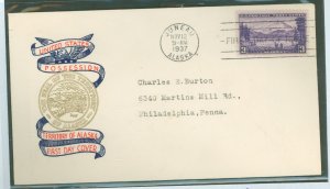 US 800 1937 3c Alaska (part of the US possessions series) single on an addressed (typed) fdc with a plimpton cachet.