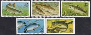 United States #2205-09 22¢ Fish (1986). Five booklet singles. MNH