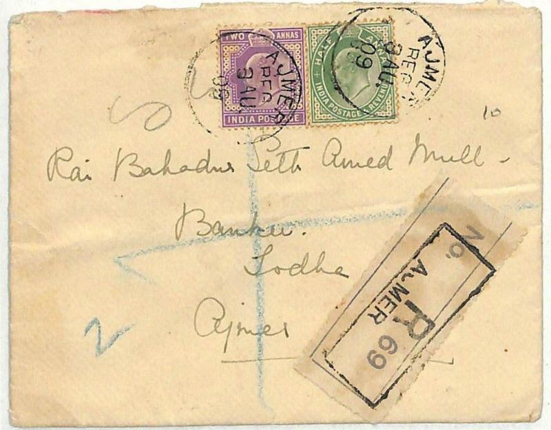 INDIA KEVII *Ajmer* Registered BANKING Cover {samwells-covers} 1909 SS29 