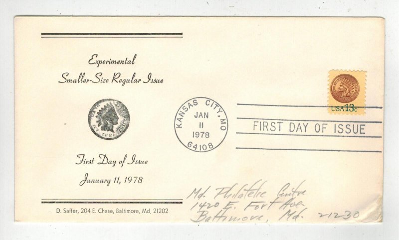 AMERICAN INDIAN HEAD PENNY #1734 SMALL SIZE EXPERIMENTAL STAMP FDC Saffer Cachet