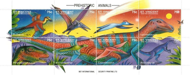 St. Vincent 1994 SC# 2045 Prehistoric Animals Dinosaur - Sheet of 8 Stamps - MNH