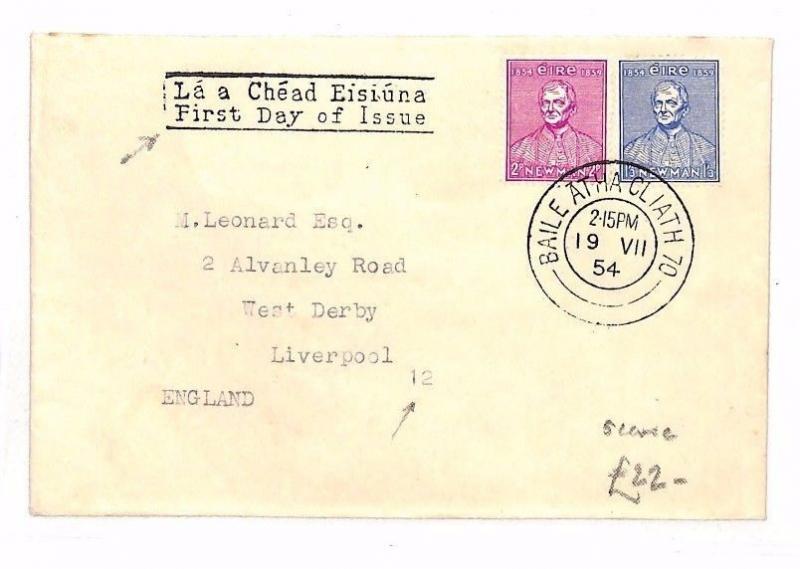 BF230 1954 EIRE Dublin First Day Cover GB Liverpool SORTING MARKS 